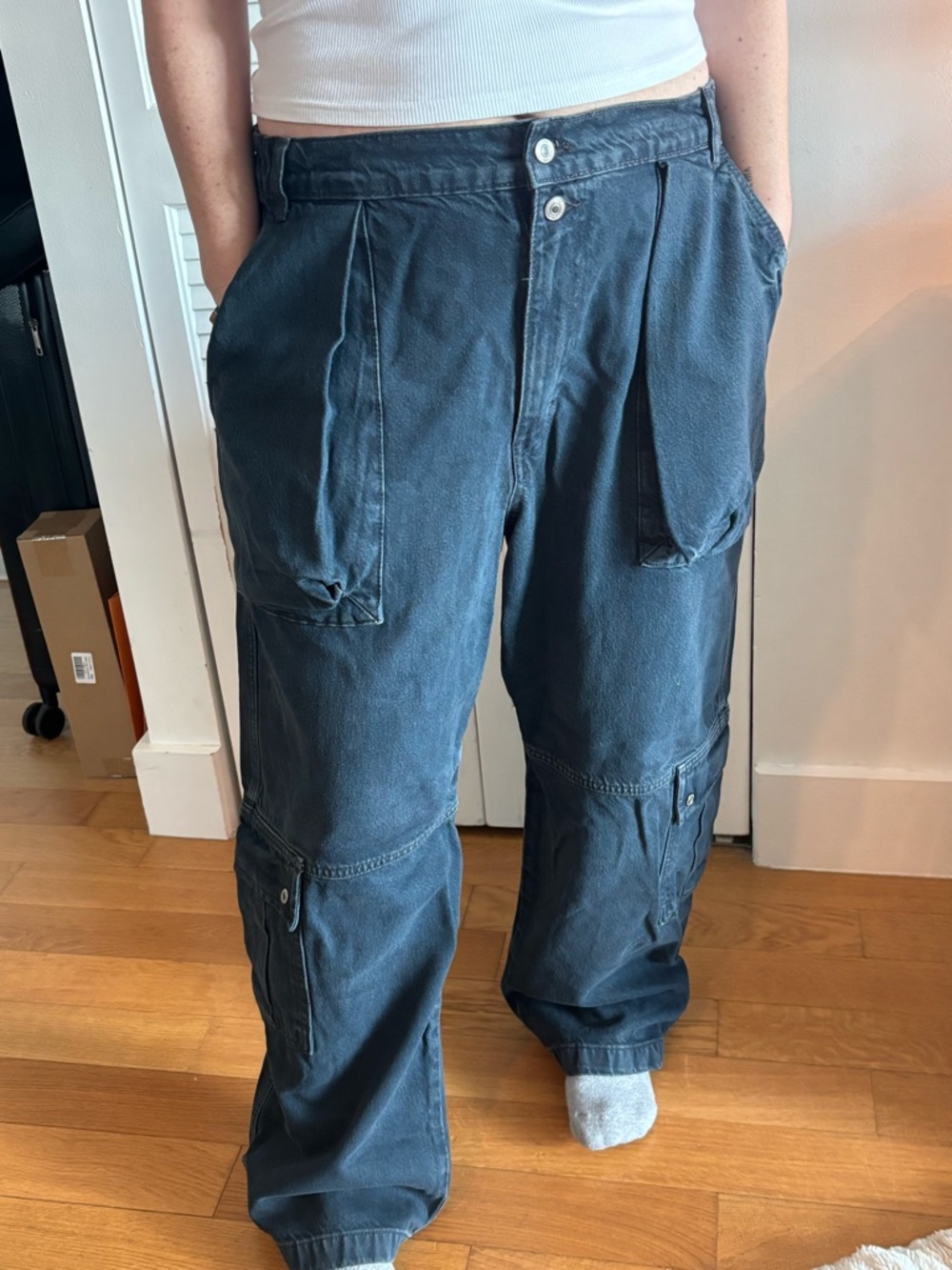 Free People Washed Navy Boyfriend Cargo Jeans